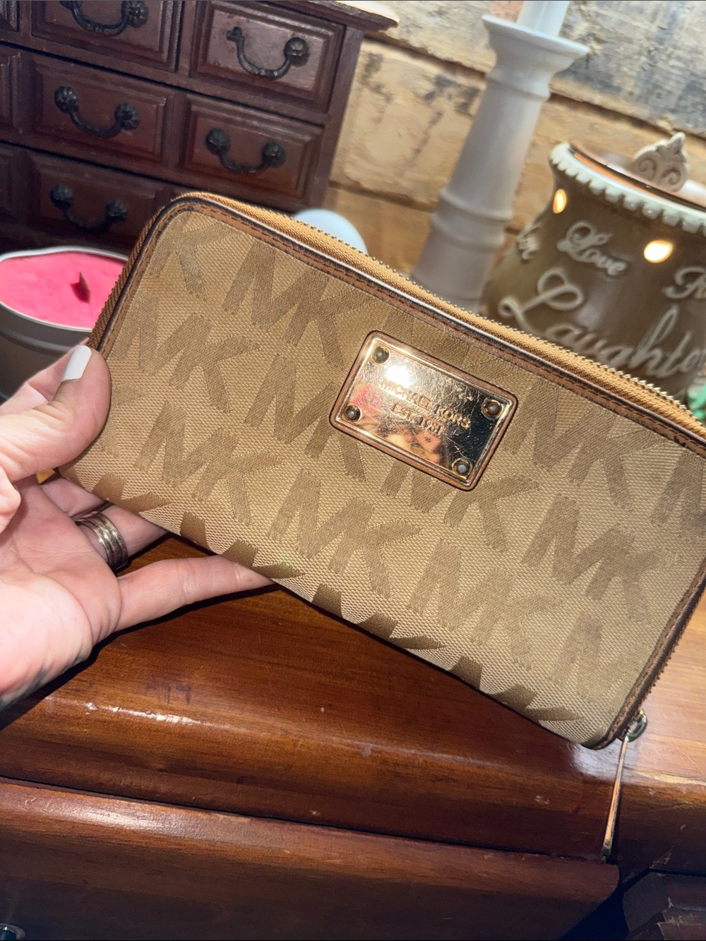Michael Kors Beige/Tan MK Logo Zip Wallet with Gold Plaque